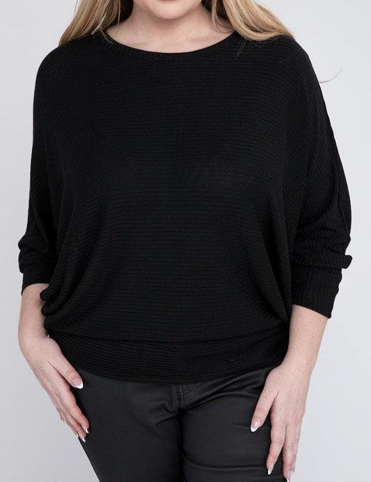 Zenana Plus Batwing Sleeve Knit Top-Casual Comfort BLACK Shirts & Tops