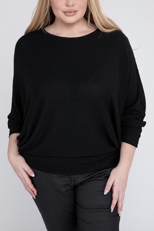 Zenana Plus Batwing Sleeve Knit Top-Casual Comfort BLACK Shirts & Tops