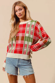 SO ME Christmas Color Checkered Plaid Crew Neck Sweater | Sweaters Daverri Fashions