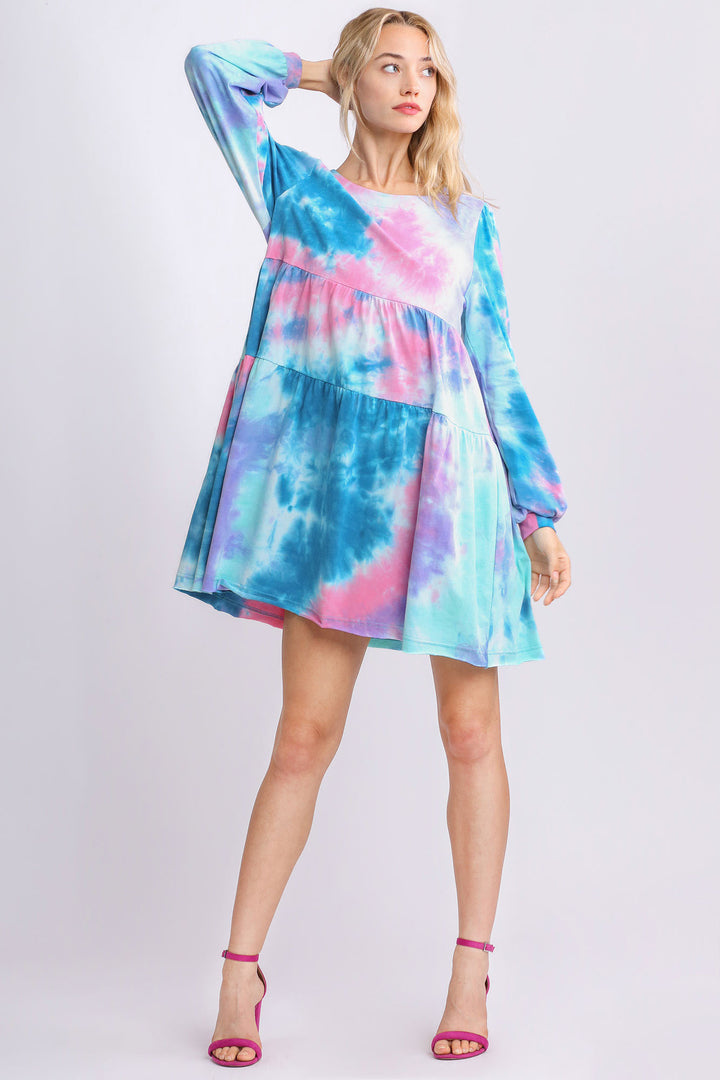 Tie Dye Round Neck Long Sleeve Babydoll Tiered Dress Babydoll Dresses