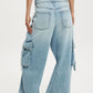 Vintage wash wide leg cargo jeans in light-wash denim with large side pockets