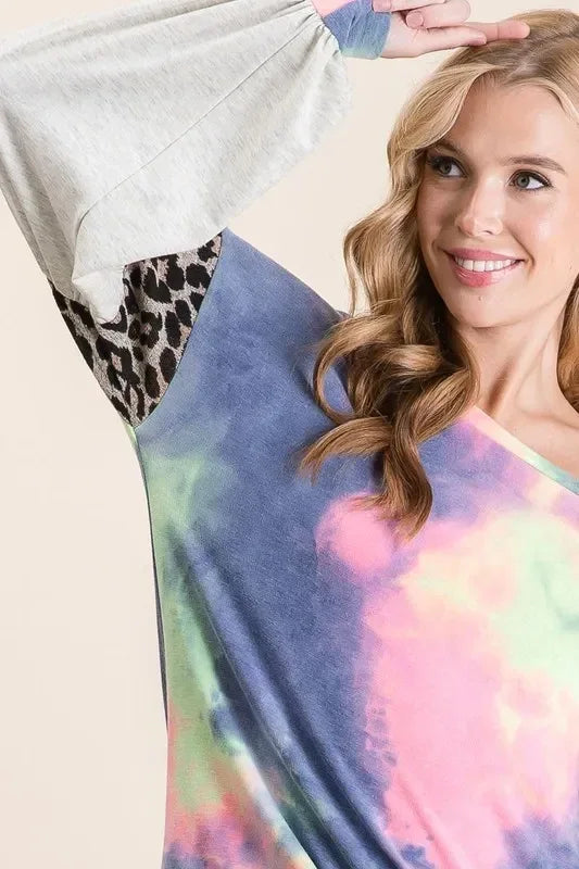 BiBi Tie Dye Terry Top with Contrast Puff Sleeves - DAVERRI FASHIONS