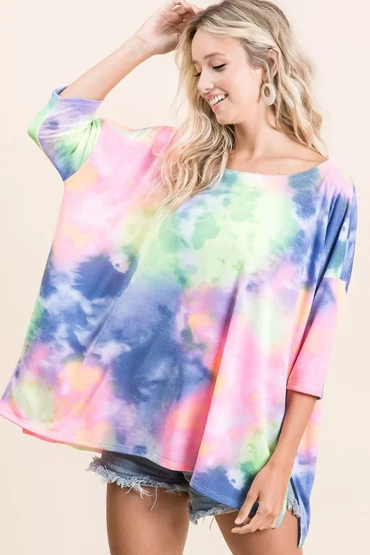 BLUE N.YELLOW BiBi Tie Dye Print Low Gauge Knit Top | Knit Tops Daverri Fashions