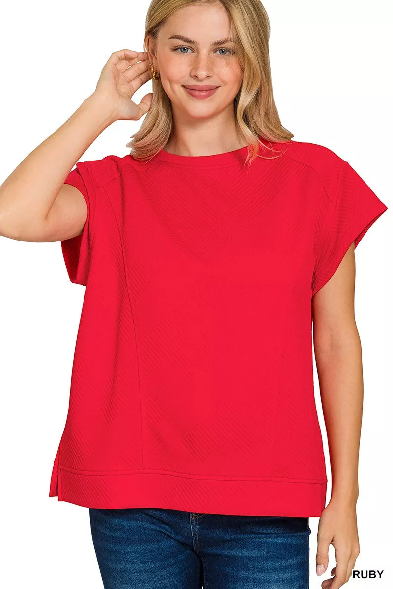 RUBY Textured Knit Jacquard Short Sleeve Top | Knit Tops Daverri Fashions