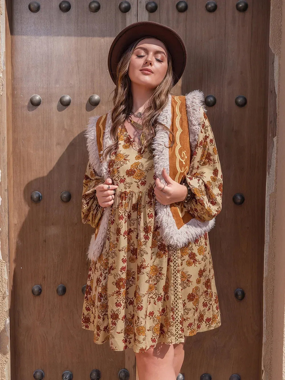 Plus Size Printed V-Neck Balloon Sleeve Mini Dress - DAVERRI FASHIONS