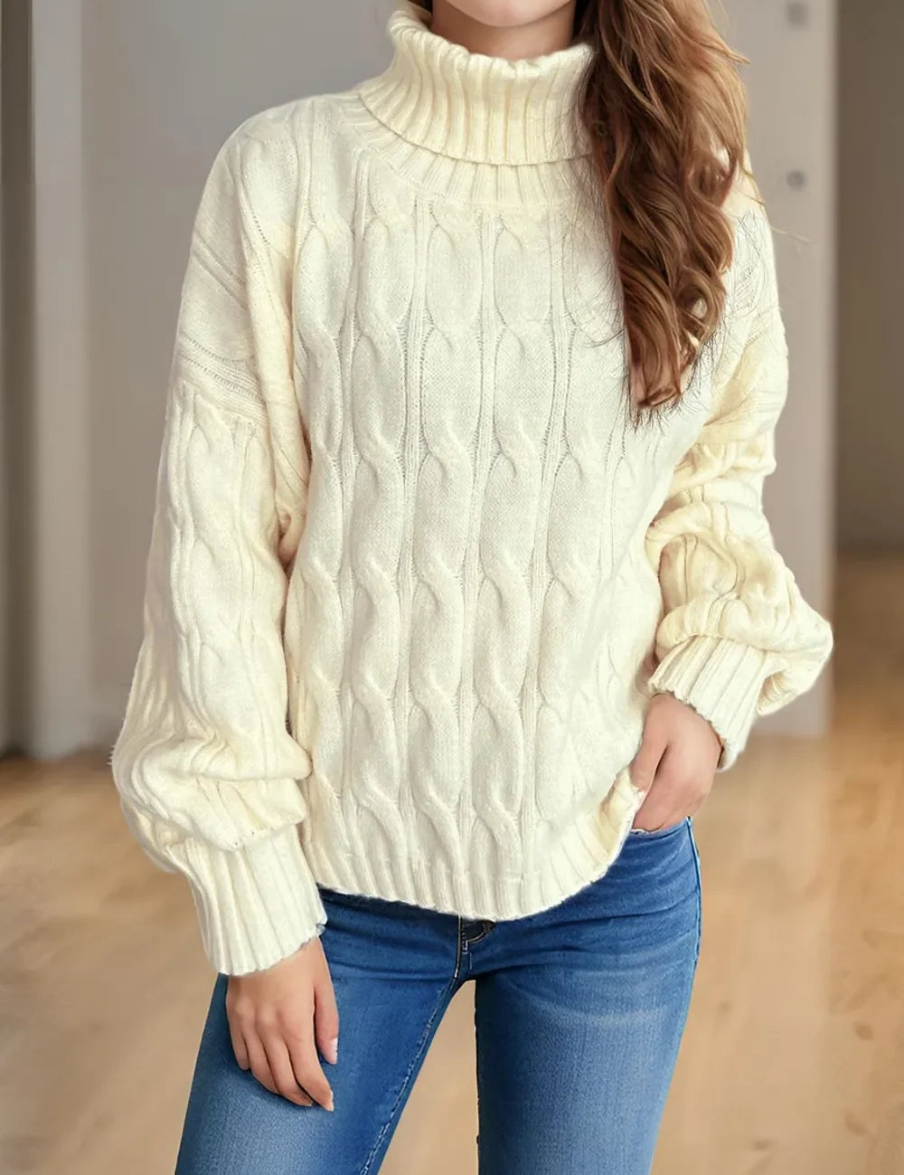 Cream cable-knit turtleneck sweater with balloon sleeves