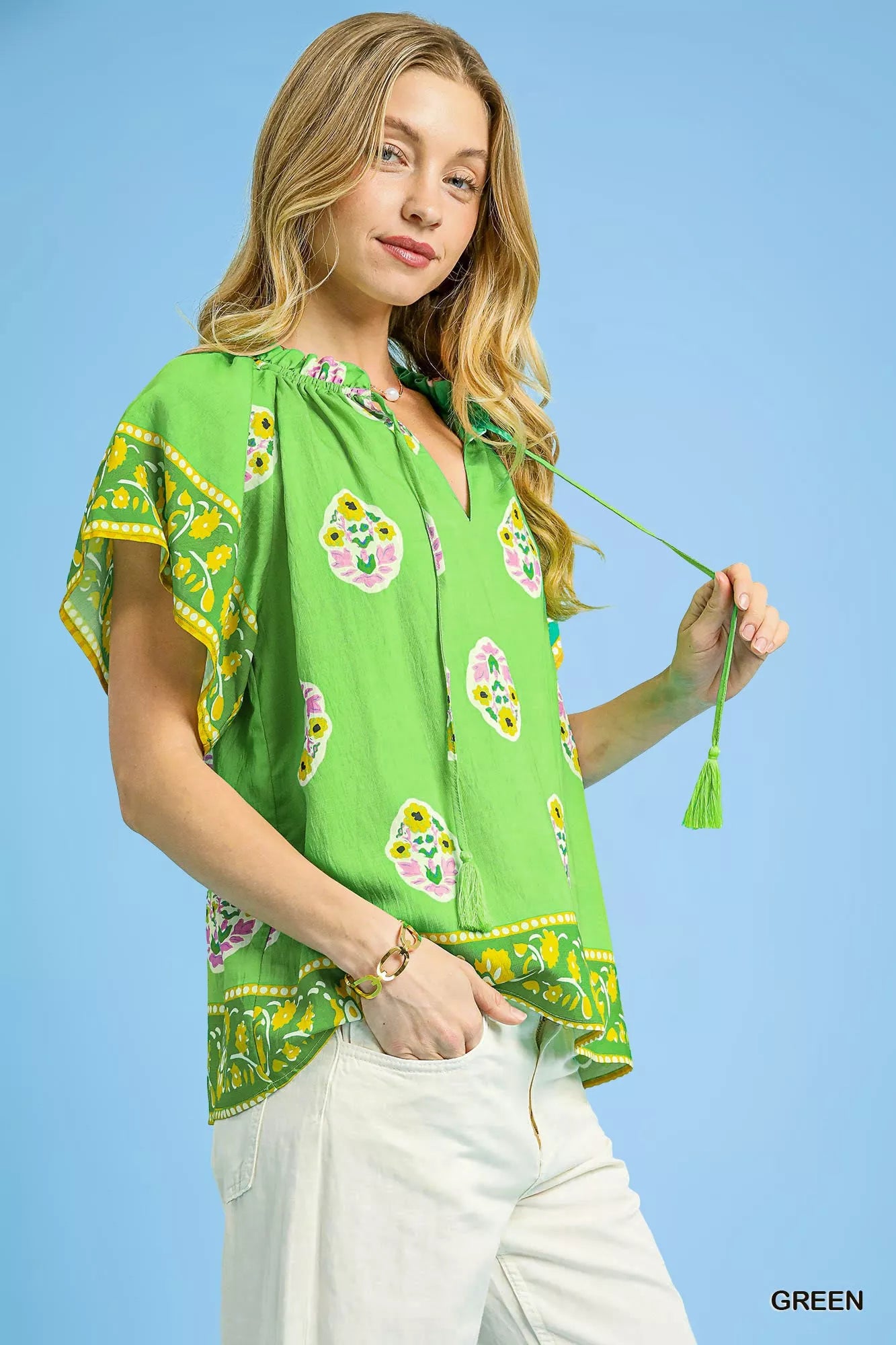 Umgee Boho Bloom Border Top: vibrant green floral paisley blouse
