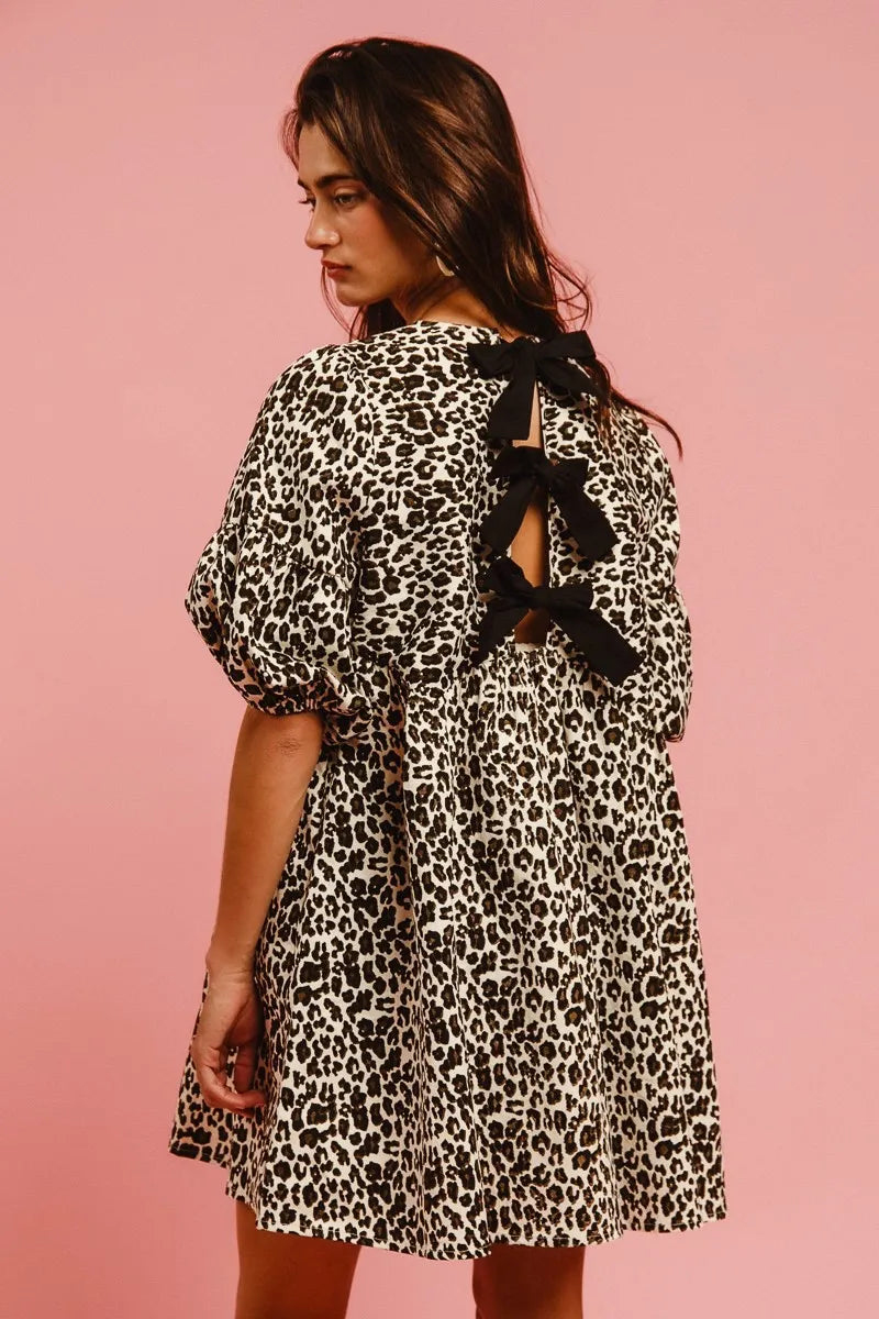 BiBi Leopard Denim Dress With Back Contrast Tie Detail | Daverri Fashions