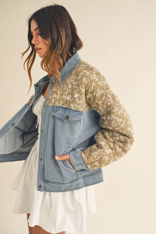 MABLE Quilted Paisley Print Contrast Denim Jacket