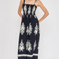 Umgee Smocked Printed Wide Leg Jumpsuit Plus Size Dark Navy Jumpsuits