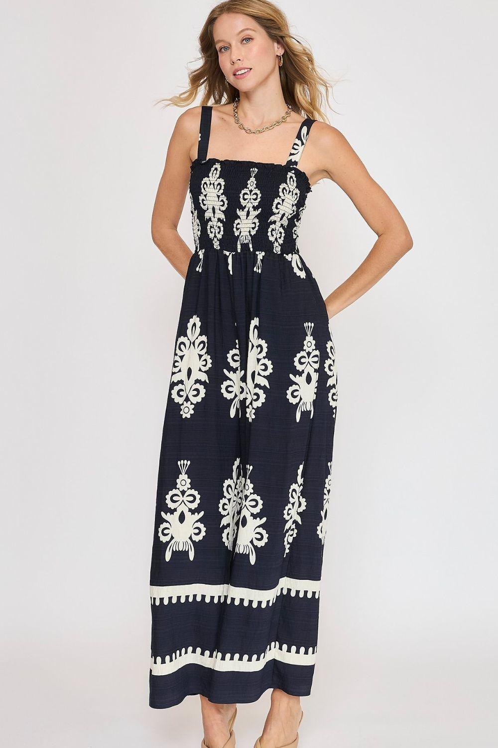 Umgee Smocked Printed Wide Leg Jumpsuit Plus Size Dark Navy Jumpsuits
