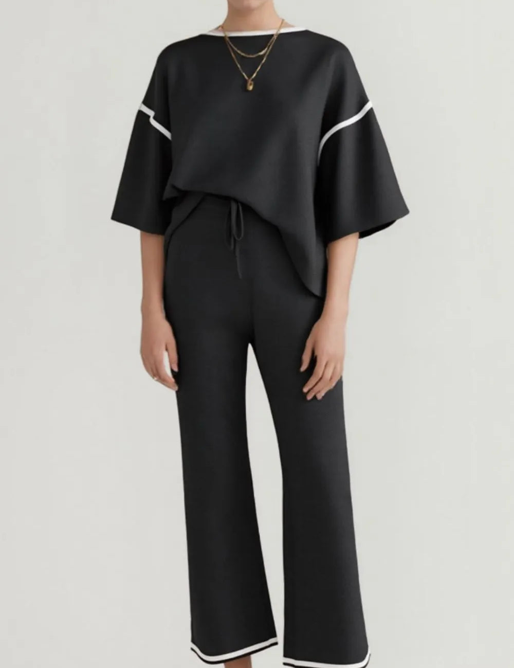 Black and white striped trim wide-leg pants with drawstring waist