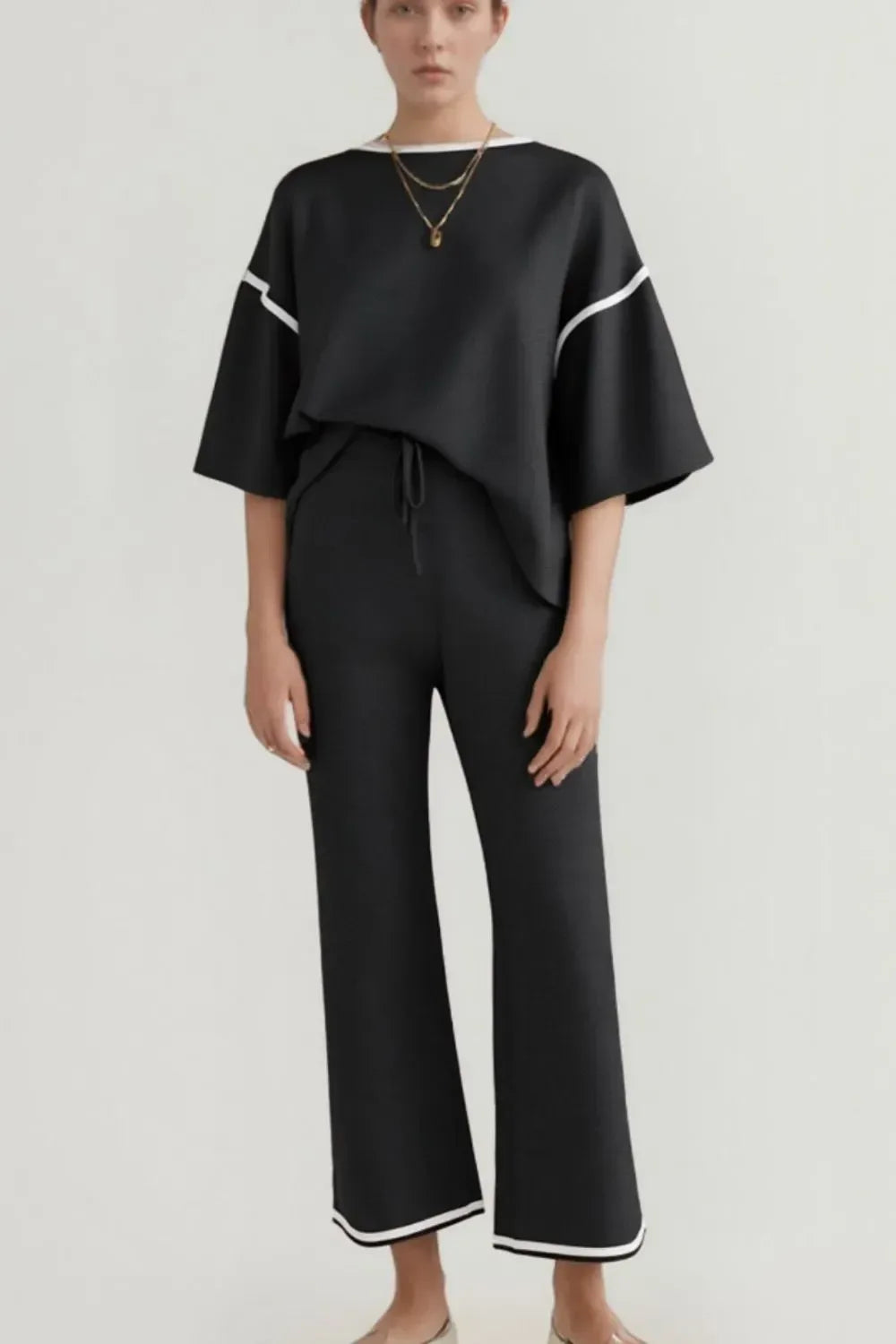 Daverri Fashions Contrast Trim Round Neck Top and Pants Set - DAVERRI FASHIONS