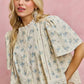 SO ME floral print lace trim flutter sleeves blouse with cream base and blue flowers