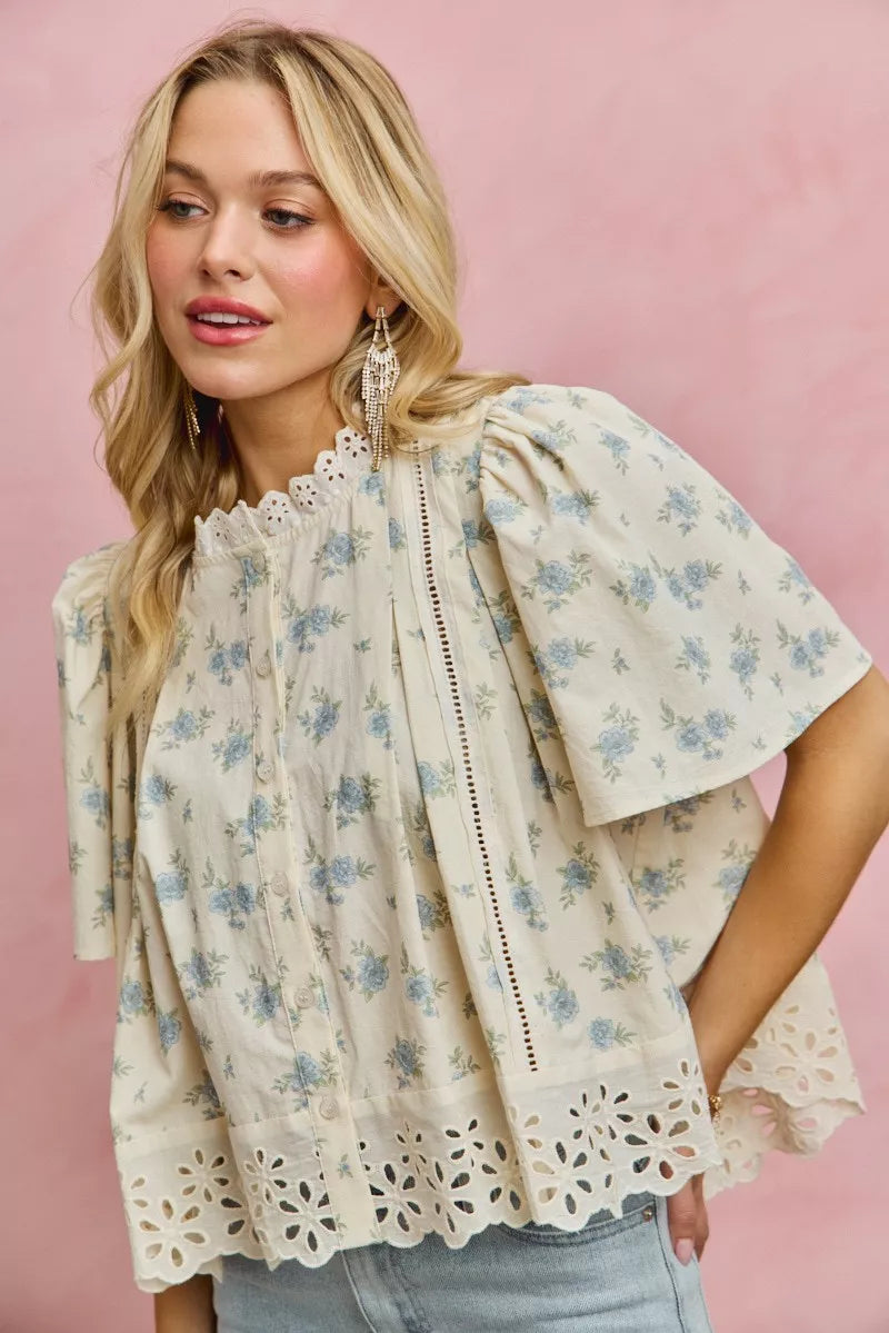 SO ME floral print lace trim flutter sleeves blouse with cream base and blue flowers