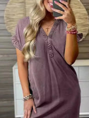 Full Size V-Neck Short Sleeve Denim Dress Plus Size | Daverri Fashions