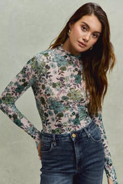 SO ME floral print mesh knit long-sleeve bodysuit with high neckline