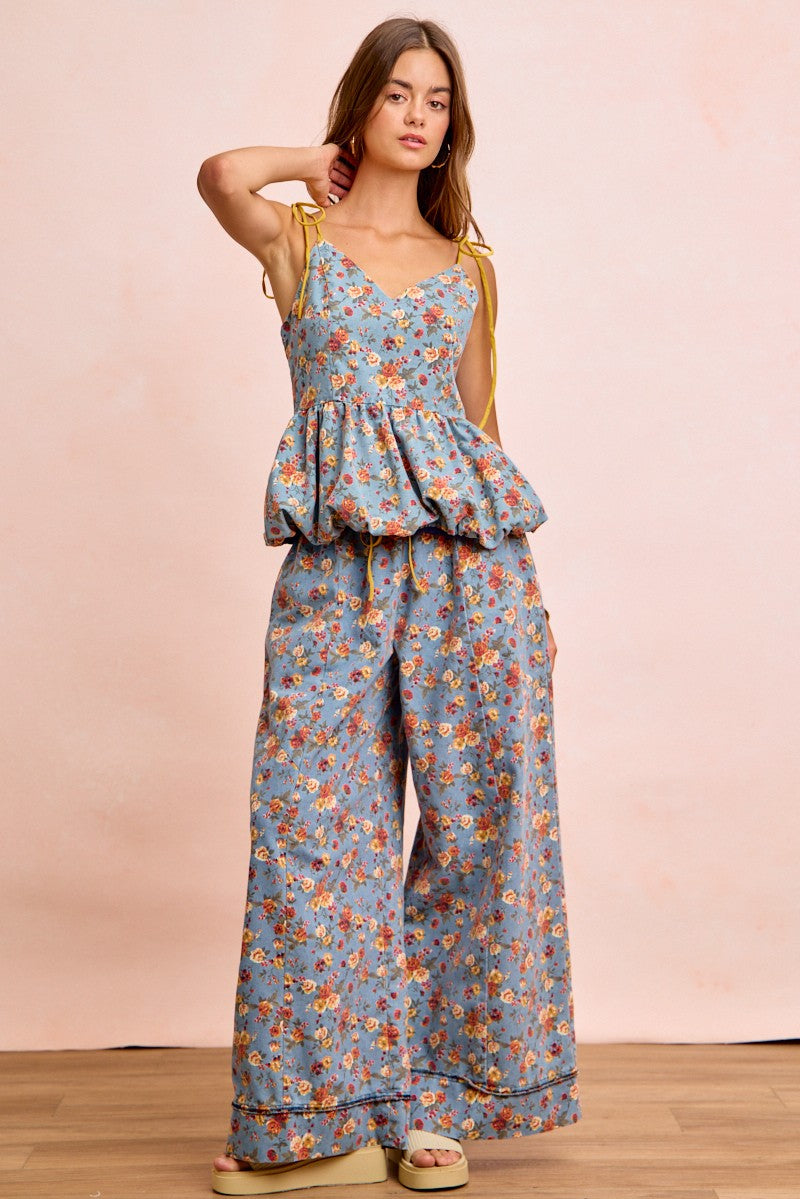 BiBi Floral Printed Drawstring Wide Pants light blue peplum top set