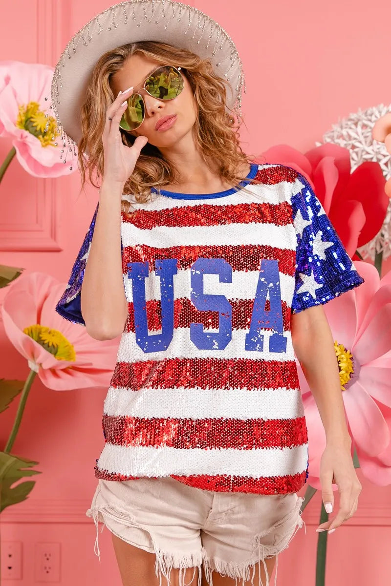 BiBi American Flag Theme USA Lettering Sequin Top Tops