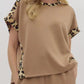 Leopard trim relaxed fit T-shirt with beige top and ruffled sleeves