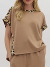 Leopard trim relaxed fit T-shirt with beige top and ruffled sleeves
