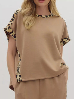 Leopard trim relaxed fit T-shirt with beige top and ruffled sleeves