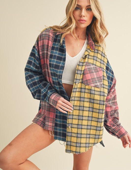 Aemi + Co Frayed Hem Color Block Plaid Drop Shoulder Shirt Blue Pink Yellow