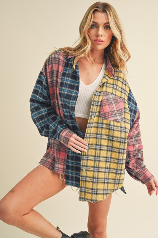 Aemi + Co Frayed Hem Color Block Plaid Drop Shoulder Shirt Blue Pink Yellow