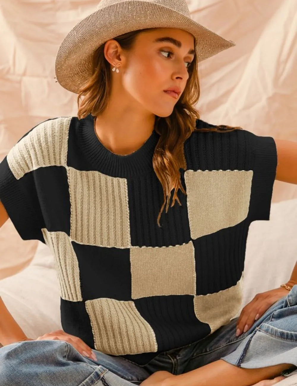 OATMEAL BLACK SO ME Check Plaid Casual Sweater Top | Sweaters Daverri Fashions