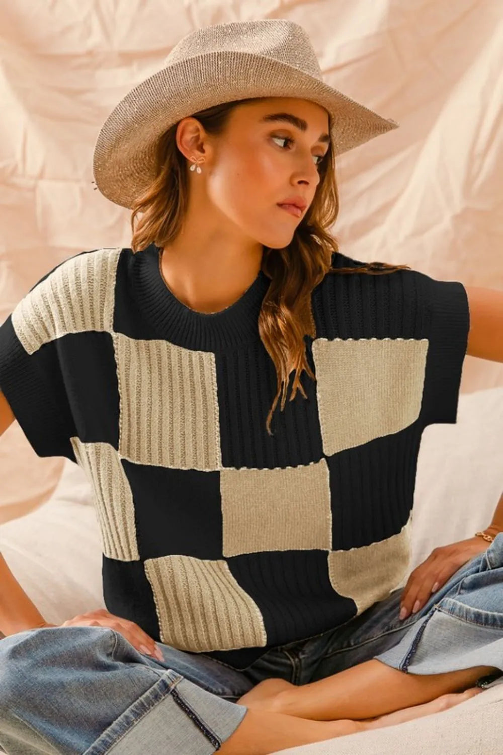SO ME Check Plaid Casual Sweater Top OATMEAL BLACK