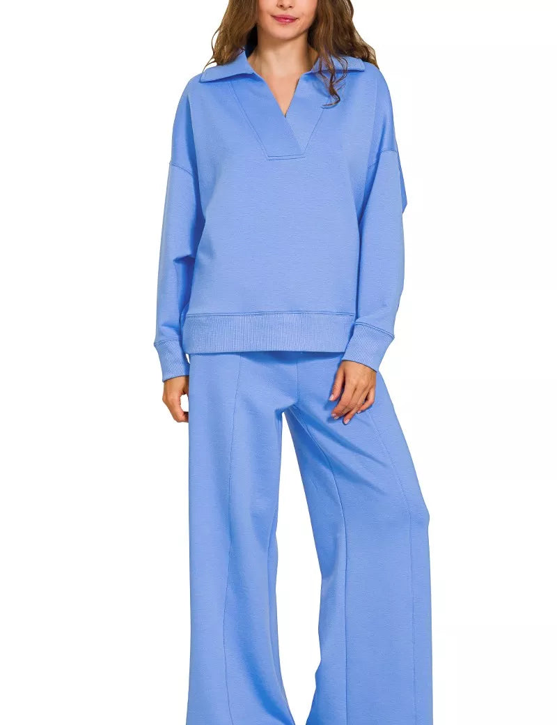 CORNFLOWER BLUE Zenana Scuba Collared Pullover and Pants Set | Daverri Fashions