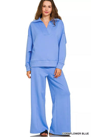 CORNFLOWER BLUE Zenana Scuba Collared Pullover and Pants Set | Daverri Fashions