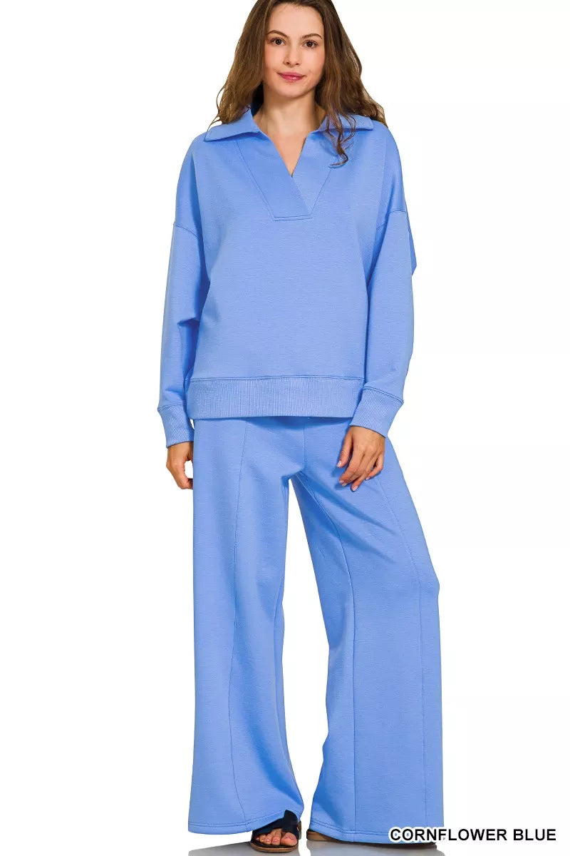 CORNFLOWER BLUE Zenana Scuba Collared Pullover and Pants Set | Daverri Fashions