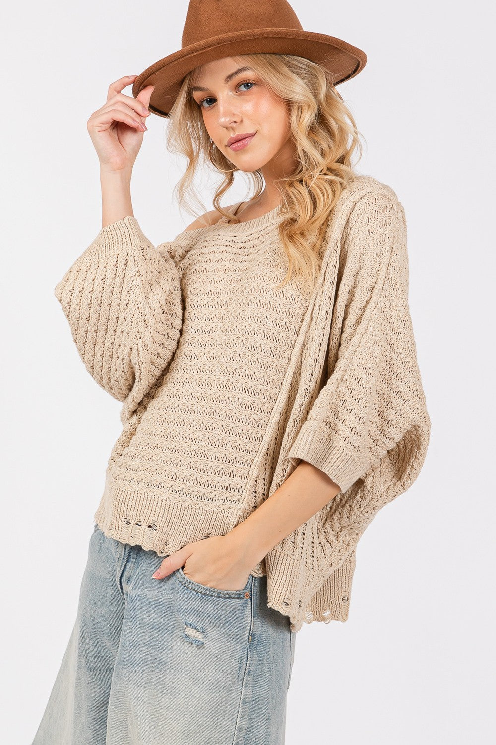 SAGE + FIG Distressed Asymmetrical Open Stitch Sweater Sweaters