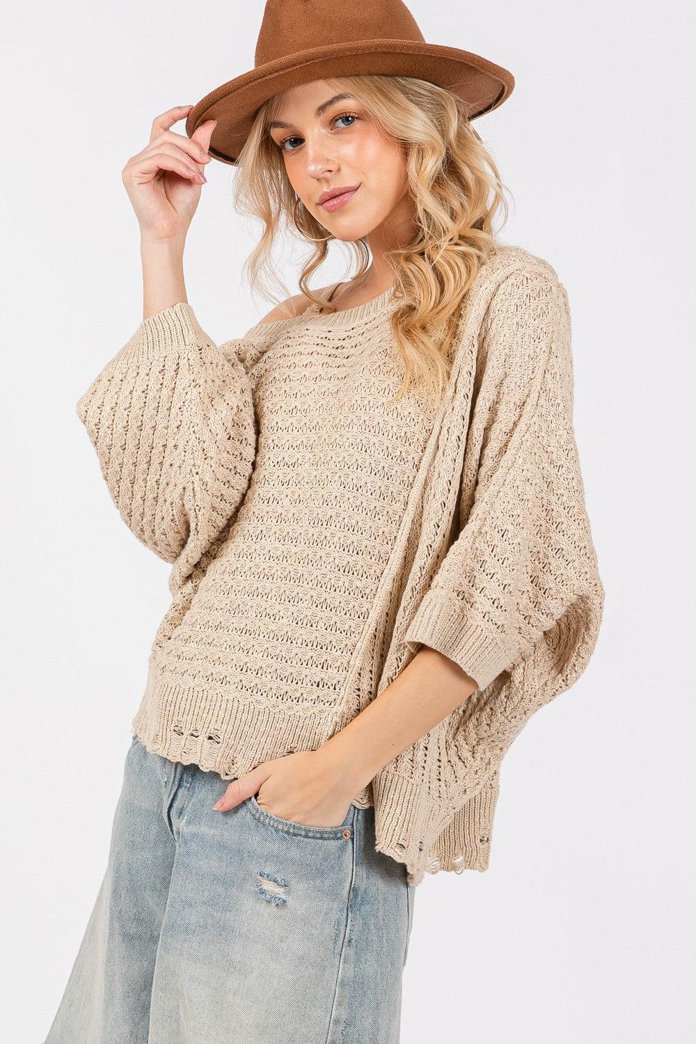 SAGE + FIG Distressed Asymmetrical Open Stitch Sweater - DAVERRI FASHIONS