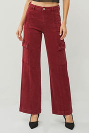 RISEN Full Size High Rise Wide Leg Cargo Jeans Wine