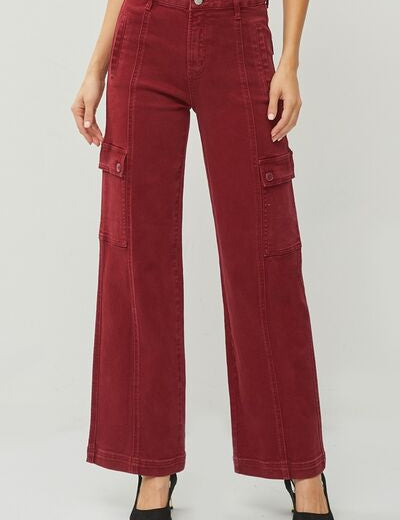 RISEN Full Size High Rise Wide Leg Cargo Jeans Wine