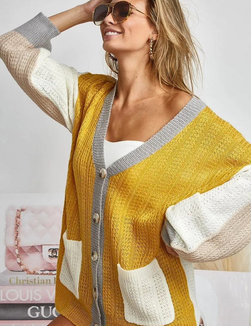 BiBi Color Block Sweater Cardigan with Button Closure | Sweaters Daverri Fashions