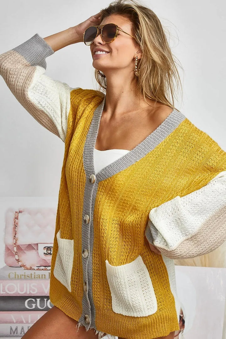 BiBi Color Block Sweater Cardigan with Button Closure Cardigans