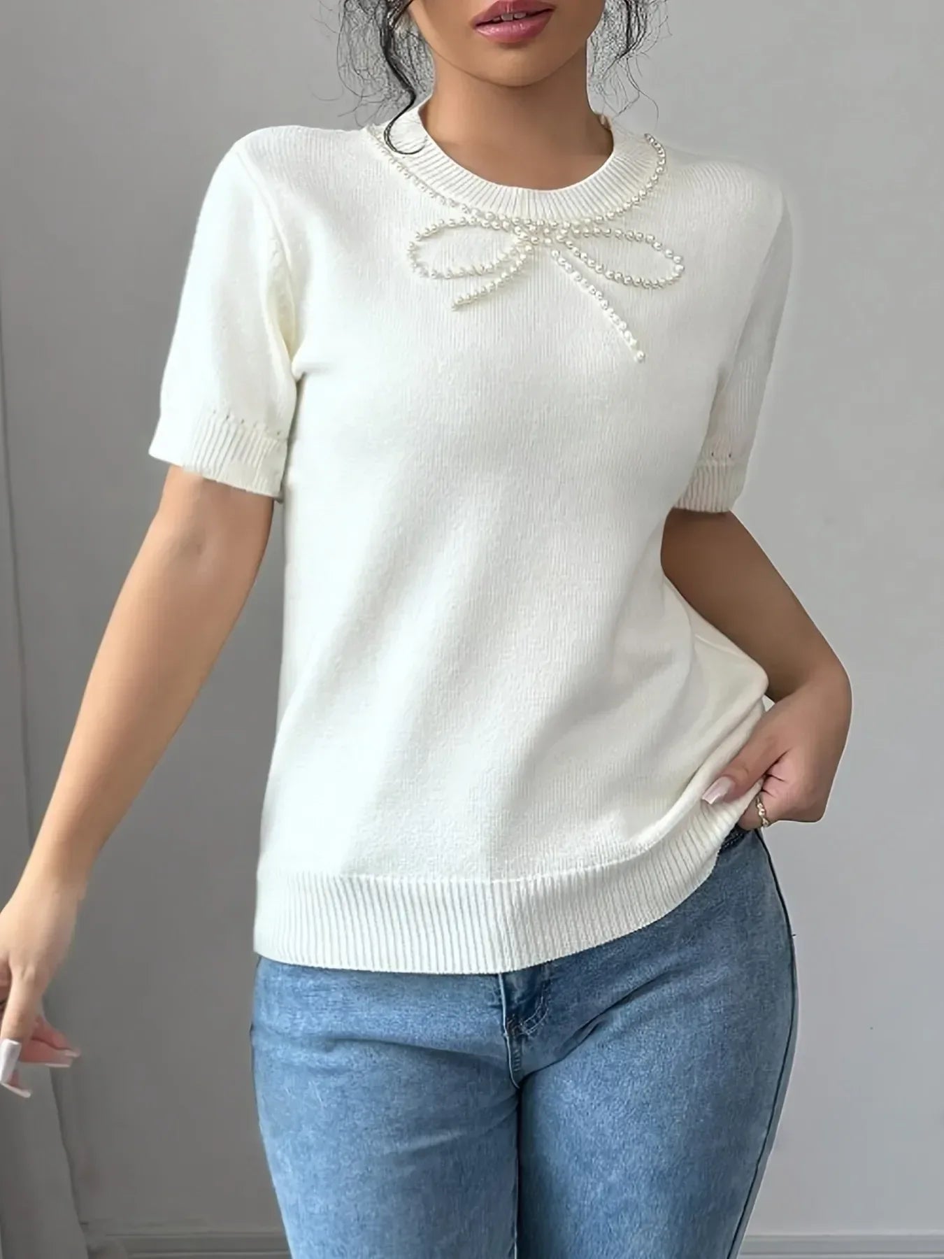 Pearl Bow Embellished Round Neck Sweater - DAVERRI FASHIONS