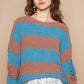 POL Striped Distressed Long Sleeve Sweater Choco Teal