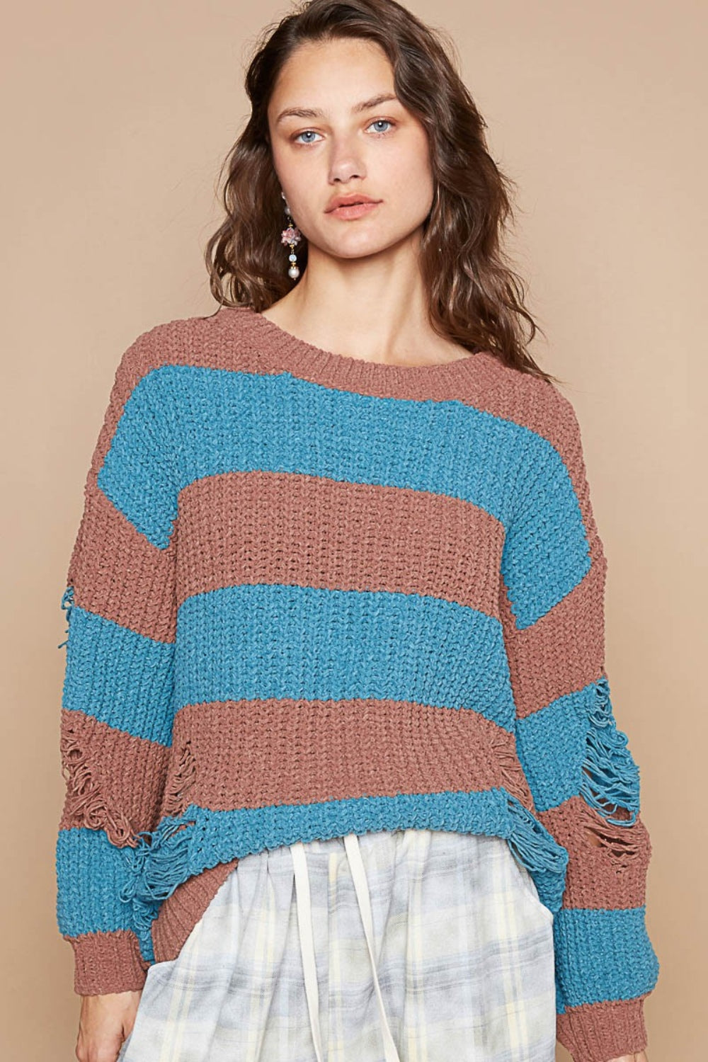 POL Striped Distressed Long Sleeve Sweater Choco Teal