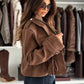 Daverri brown suede bomber jacket with drawstring waist, high collar, zipper