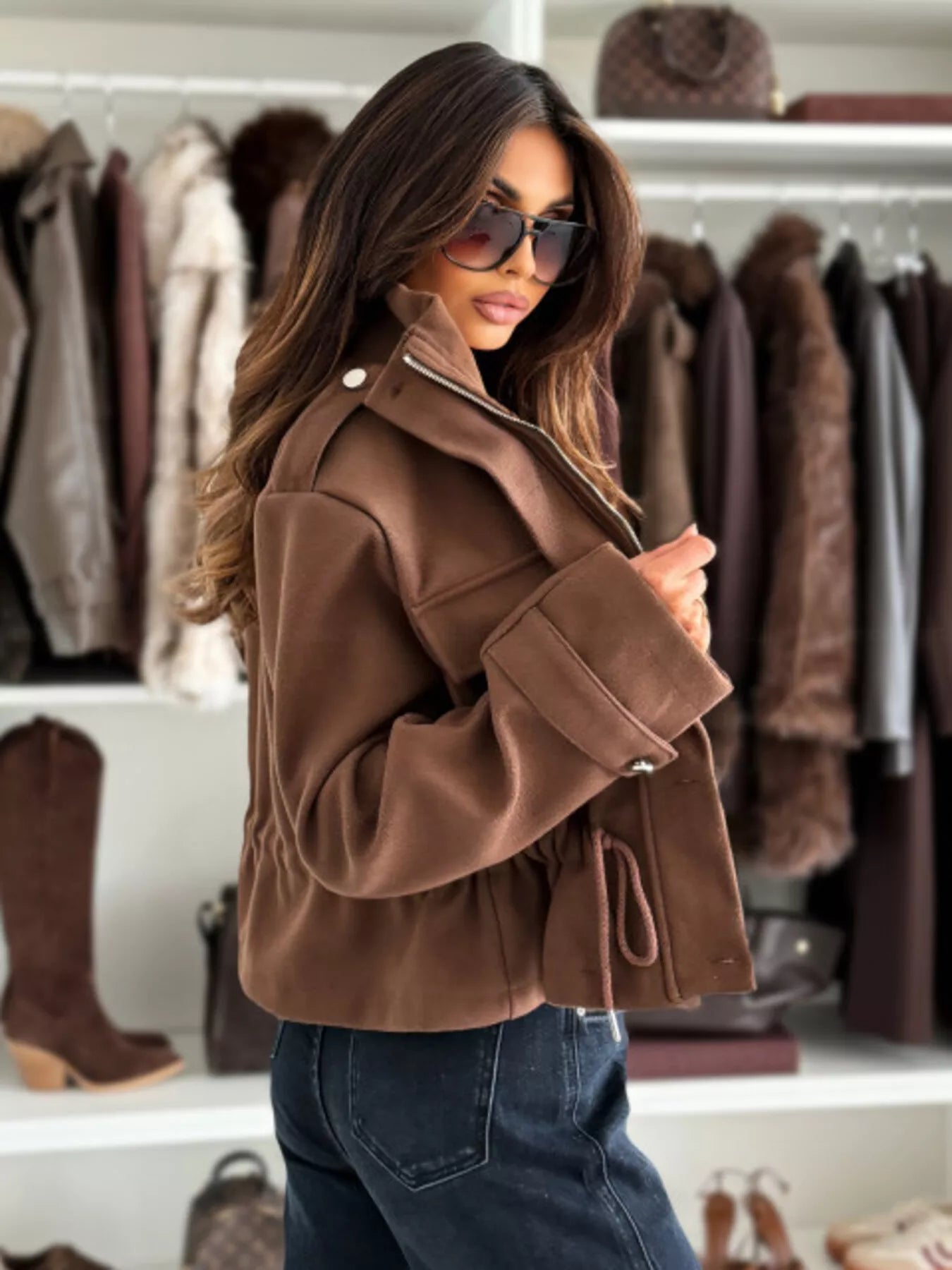 Daverri brown suede bomber jacket with drawstring waist, high collar, zipper