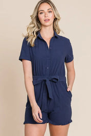 NAVY Lime 'N' Chili Collared Button Down Romper with Tie Belt | Rompers Daverri Fashions