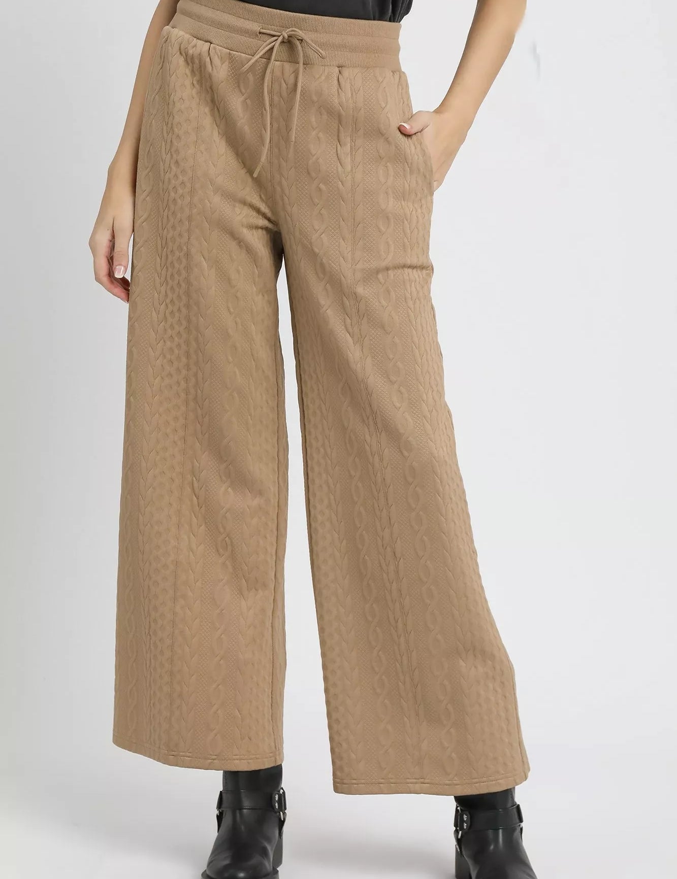 TAUPE Umgee Cable Knit Textured Wide Leg Pants | Pants Daverri Fashions