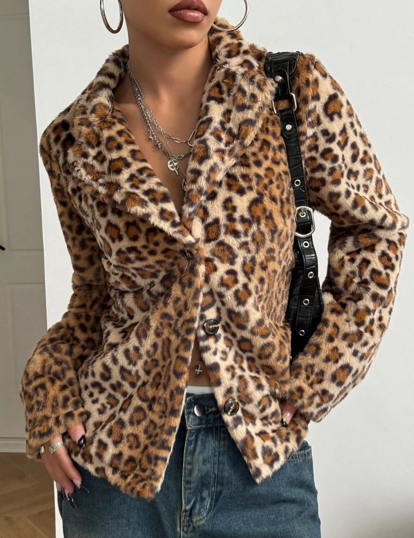 Leopard Button Up Faux Fur Jacket | Jackets Daverri Fashions