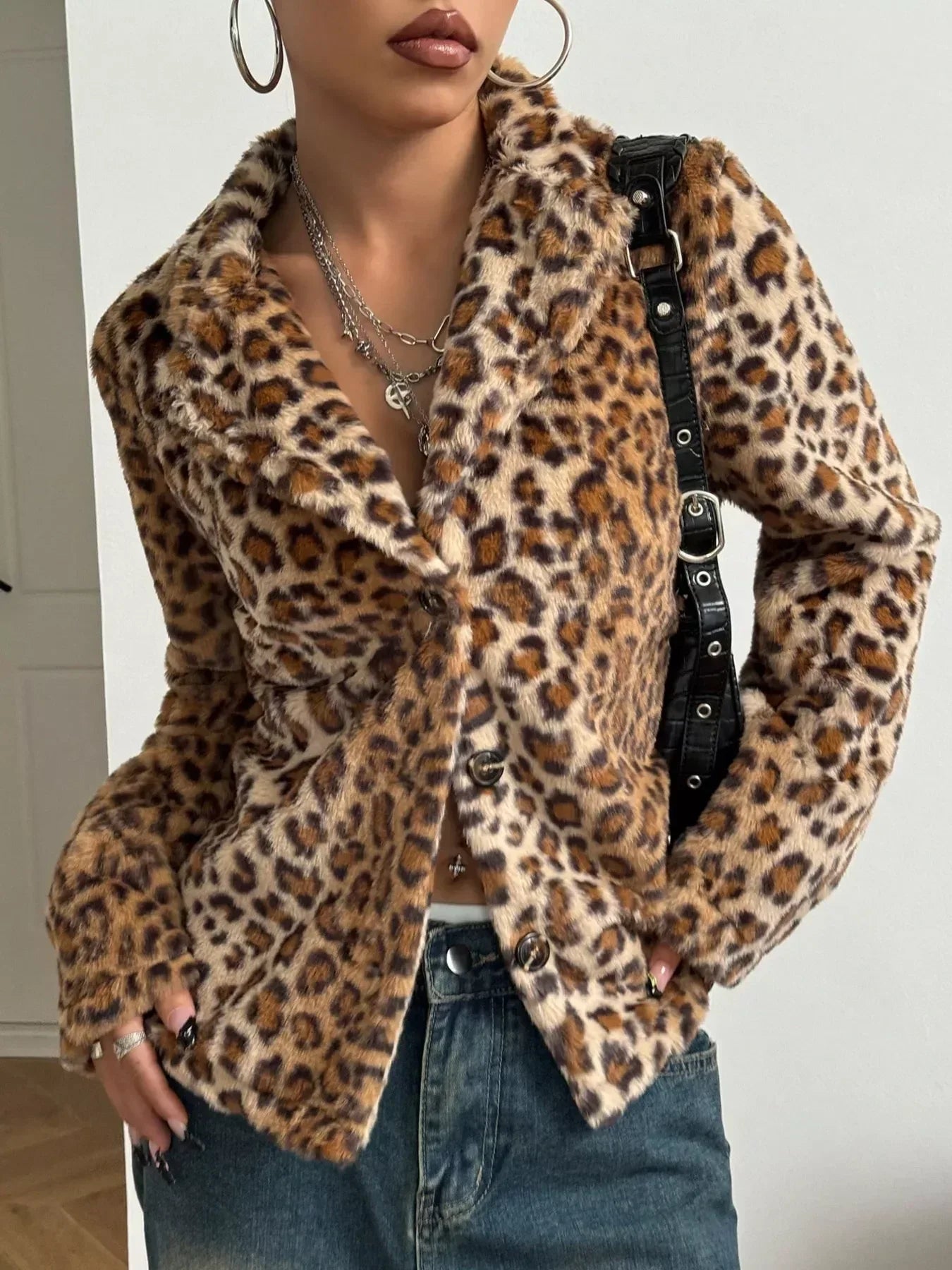 Leopard Button Up Faux Fur Jacket - DAVERRI FASHIONS