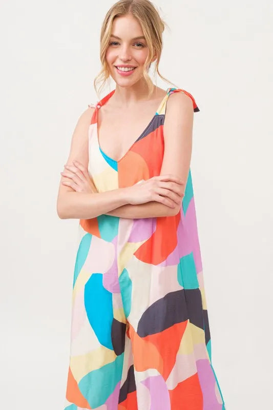 And The Why Tied Shoulder Straps Wide-Leg Geo Print Jumpsuit Jumpsuits