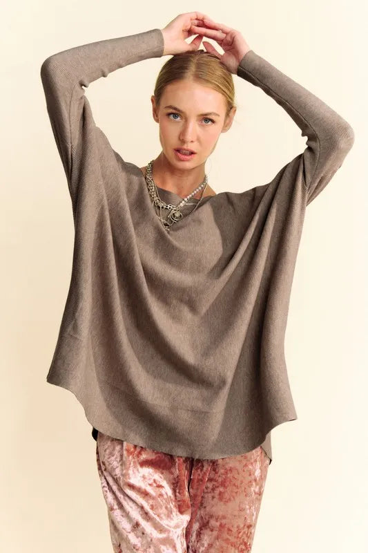 Davi & Dani Round Neck Dropped Shoulder Long Sleeve Knit Top | Knit Tops Daverri Fashions